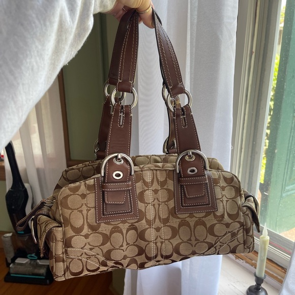 Coach Handbags - Coach Signature Monogram C's Medium Handbag Brown Leather and Beige Vintage